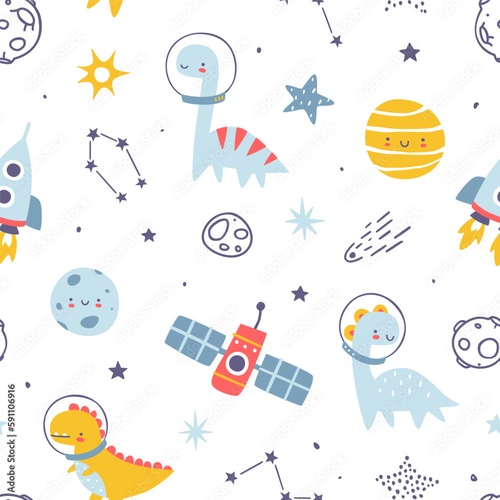 Poster cute space pattern with dino astronauts. seamless white vector cosmic print with dinosaurs for baby 