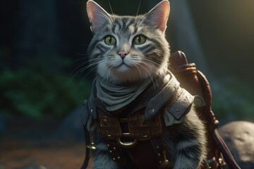 Portrait of a fantasy cat adventurer