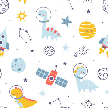 Cute space pattern with dino astronauts. Seamless white vector cosmic print with dinosaurs for baby boys. © Sonium_art