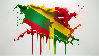 Liquid Paint Colors of Grenada Country Flag Dripping and Explosion on White Backdrop Generative AI