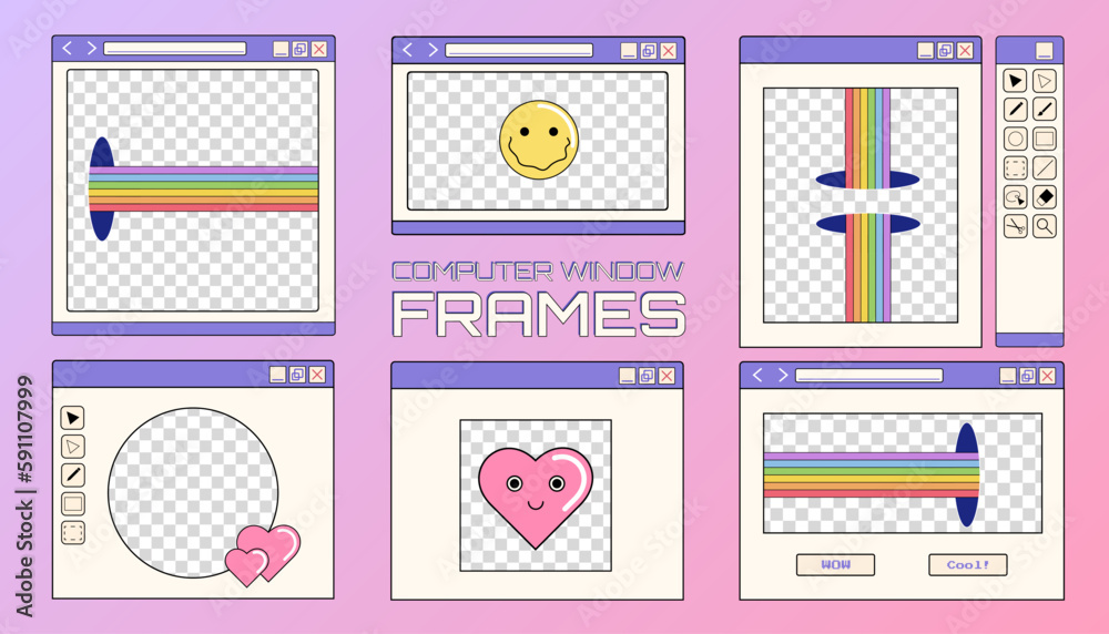 Poster set of computer opened window frames and borders on a colorful background, y2k retro illustrations, 