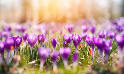 Crocus spring flower Growth In The summer with beautiful sunlight. Beautiful Floral wide panorama. Purple Crocus Iridaceae, spring background with bokeh wide angle