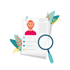 Resume and magnifying glass and leaves. The concept of professional recruitment, job application, recruitment, selection of candidates, employment. Modern flat vector illustration.
