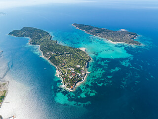Fototapeta na wymiar Pen - Kalem Island and Garip Island view with aerial drone. Dikili - Izmir - Turkey