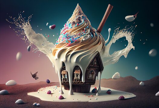 AI generated abstract surreal Ice cream with splashes of milk and fairy house. Generative AI