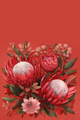 Watercolour abstract clip-art of protea flower. Red Waratah. Set of exotic Australian 
flowers. For wedding invitation cards scrapbooking posters planners, web, landing page, wallpaper