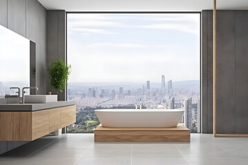 Modern wood and concrete bathroom interior with empty mock up place on wall,ai