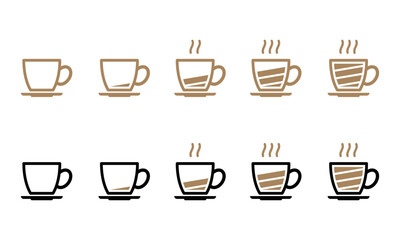 Battery level indicator in black and brown line and colored outline coffee cup on dish vector icon set