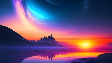 Fantasy Mountains River Moonlight Wallpaper, Art, Colourful, Galaxy, Dreamy, Generative AI