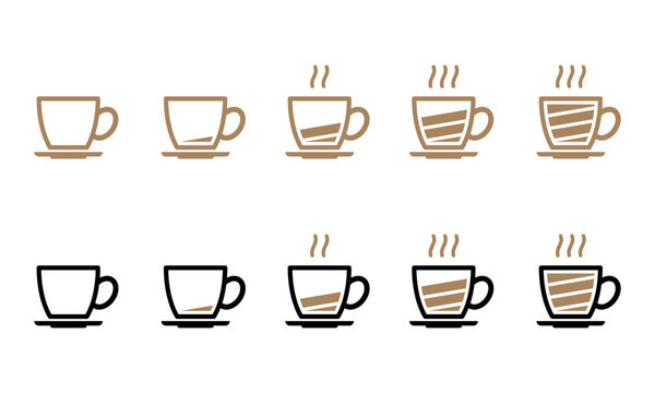 Battery level indicator in black and brown line and colored outline coffee cup on dish vector icon set