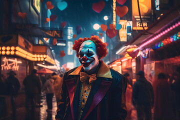 scary clown at fair with balloons at night, made with generative ai
