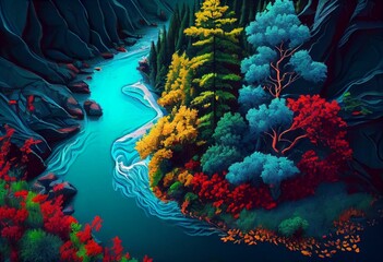 Fototapeta na wymiar Colorful nature with trees and rivers oil painting Generative AI