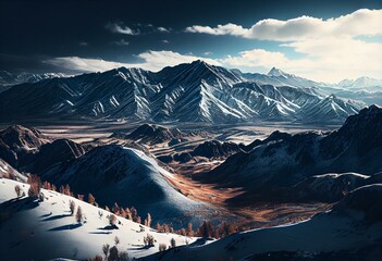 Stunning winter panorama with snowy mountains captured from a high viewpoint on a chilly, bright day. Generative AI