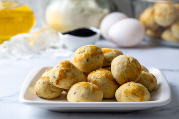 Traditional herb cookies. Handmade cookies made with black cumin are from Turkish cuisine. Turkish name; Corek otlu kurabiye