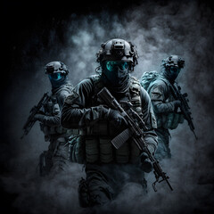 Naklejka premium Group of special forces soldiers in action. Special forces soldiers in action