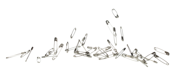 Safety Pin brooch pour fall down, explosion in air. Many safety pin medium size splash fly in group floating. White background isolated high speed shutter freeze motion