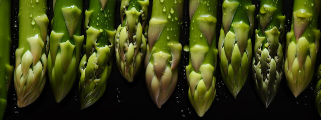 Crisp asparagus tips aligned in a pattern, dotted with fresh water beads to emphasize their freshness and natural state. - obrazy, fototapety, plakaty