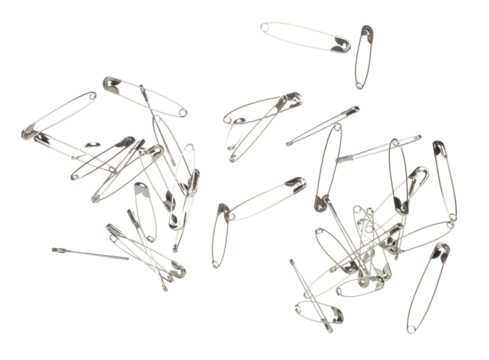 Safety Pin brooch pour fall down, explosion in air. Many safety pin medium size splash fly in group floating. White background isolated high speed shutter freeze motion