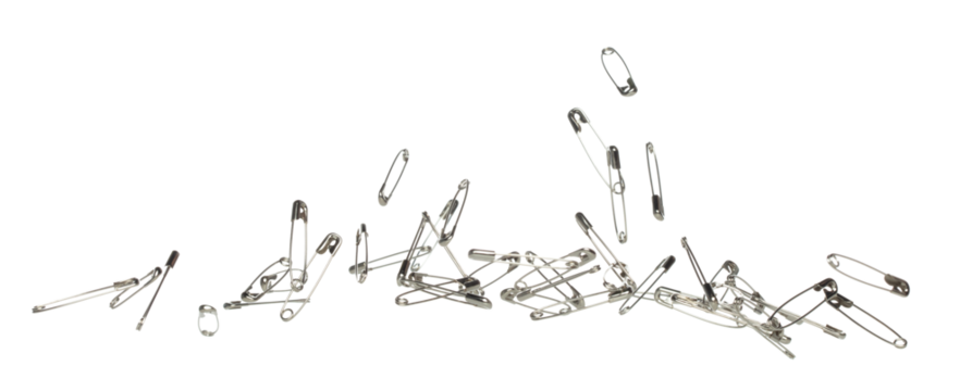 Safety Pin brooch pour fall down, explosion in air. Many safety pin medium size splash fly in group floating. White background isolated high speed shutter freeze motion