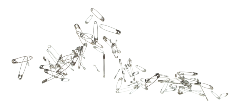 Safety Pin brooch pour fall down, explosion in air. Many safety pin small size splash fly in group floating. White background isolated high speed shutter freeze motion