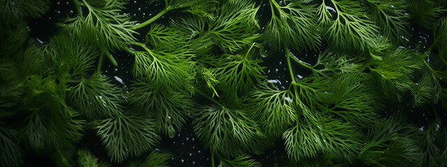 Lush dill fronds cascade across a dark backdrop, their delicate structures beaded with water, exuding freshness