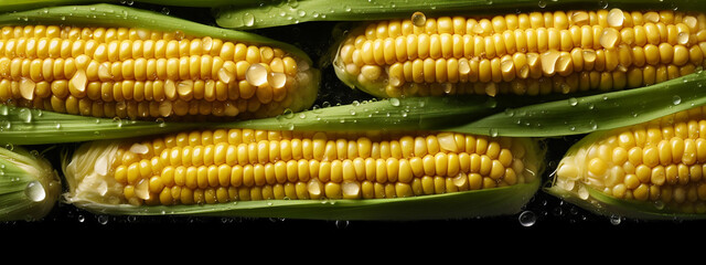 Fresh corn cobs with kernels glistening from rain, lined up against a dark background, showcasing nature's symmetry