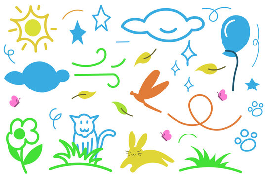 Colorful Kids drawing vector art, hand drawn doodle. wildlife park, garden, narure, pattern background flat design illustration vector eps10 © Ikiry GR