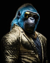 Stylish gorilla in sunglasses and a golden jacket on a black background