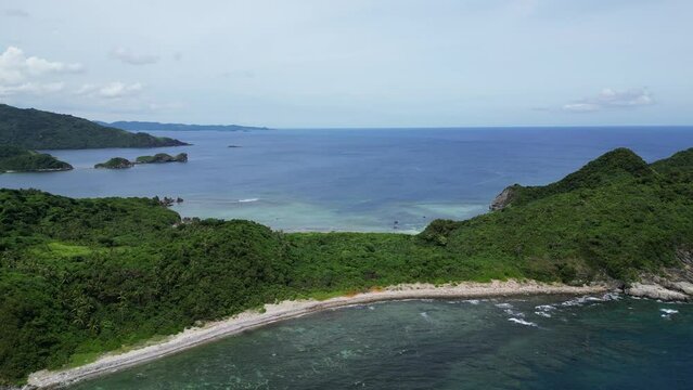 Green tropical forest borders white sandy beach and fringing reef on sunny day