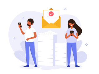 Email marketing illustration concept. Documents enclosed in an email. An envelope on the background of a stack of documents. Electronic document management. Creative flat vector.