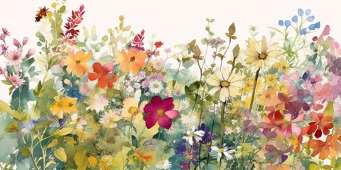 watercolor illustration of blooming garden filled with different kinds of flowers, concept of Nature and Floral Art, created with Generative AI technology