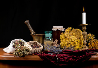 Close up of healing herbs alchemist stuff. Old pharmacy, alternative medicine concept. Dried...