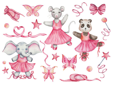 Watercolor set of illustrations. Hand painted grey mouse, panda bear, elephant. Girls in dance studio in pink dresses, ballet shoes. Cartoon animal characters. Isolated clip art for stickers, poster