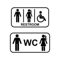 Public toilet man woman people with disability WC direction vector frame set. Restroom sign symbol stick figure icon silhouette pictogram