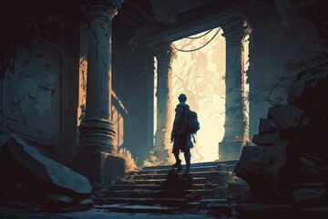 Man staying near the ancient temple. A man walks up the stairs to the abandoned temple ruins, Generative AI