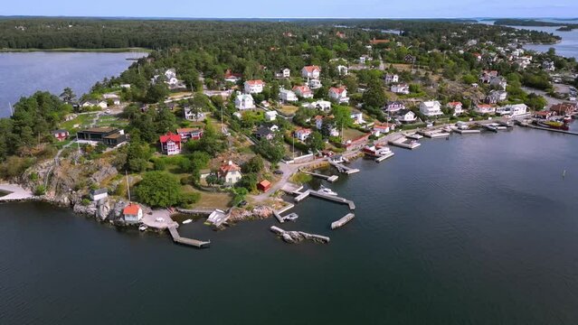 Drone shot orbit of seaside village Dalar&ouml; in the swedish archipelago.