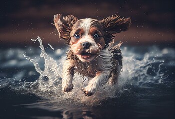 Happy puppy running in the water, adorable dog playing, generative ai