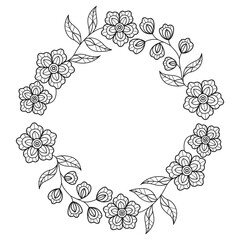 Fototapeta premium Wreath blooming flower hand drawn for adult coloring book