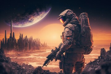 Sci-fi soldier with the gun. Futuristic soldier standing on city ruins against the glowing planet, Generative AI - obrazy, fototapety, plakaty