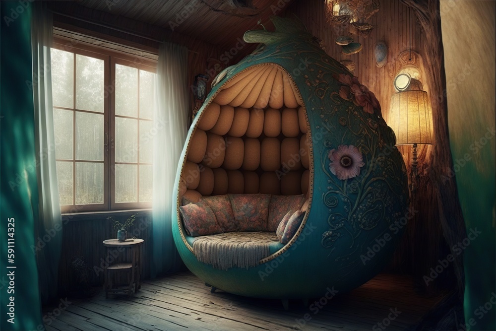 Poster Fairy tale huge soft armchair in wooden hut room, created with generative ai