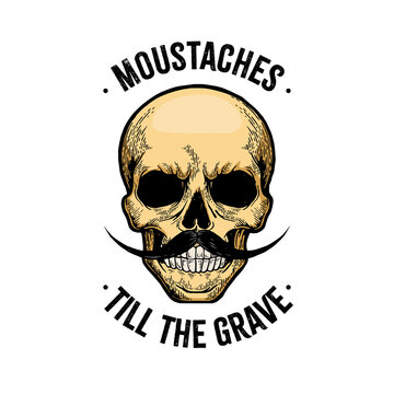 Human skull with moustaches till grave t-shirt design sketch engraving raster illustration. T-shirt apparel print design. Scratch board style imitation. Black and white hand drawn image.
