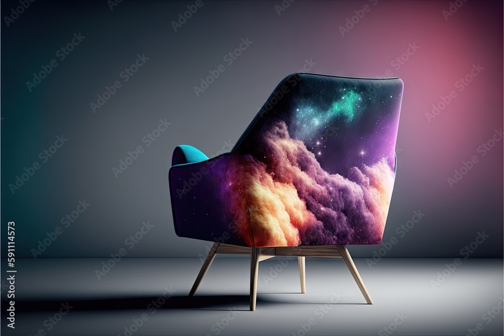 Sticker soft armchair and nebula, created with generative ai