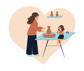 Female freelance worker with child at workplace. Potter woman with child. Freelance, mothers day concept.