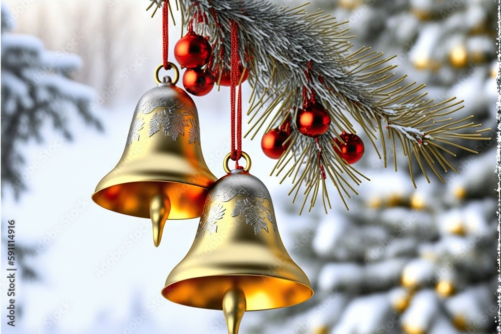 Wall mural gold bells hanging on fir tree branch with winter nature in background, created with generative ai