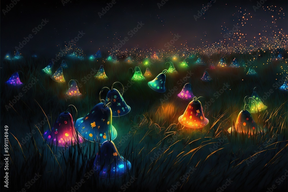Wall mural many colorful glowing bells scattered in grass under night sky, created with generative ai