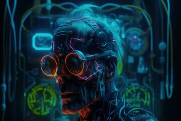 Old man in glasses, bright led matrix. Beautiful illustration picture. Generative AI