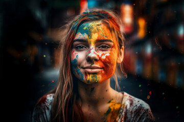 Creative Fun: Expressive Young Girl Splashes Colors with Joy. Generative AI illustration.