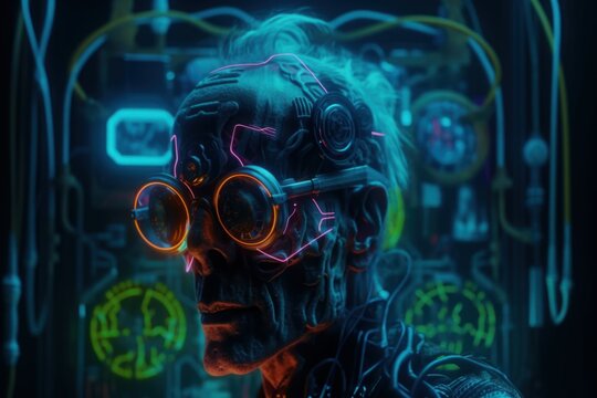 Old man in glasses, bright led matrix. Beautiful illustration picture. Generative AI