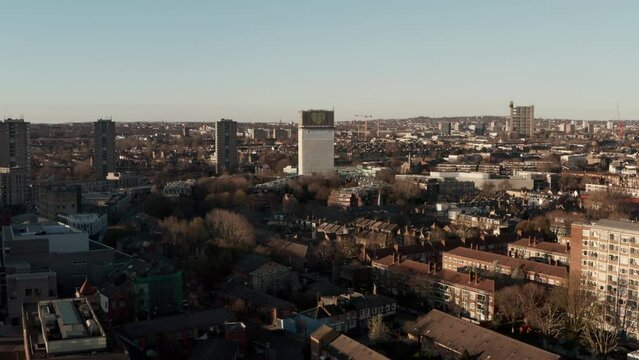 Descending aerial shot of Grenfell centre and surrounding neighbourhood London