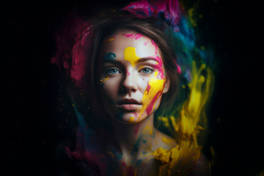 Young Female with Expressive Colors.Generative AI illustration.